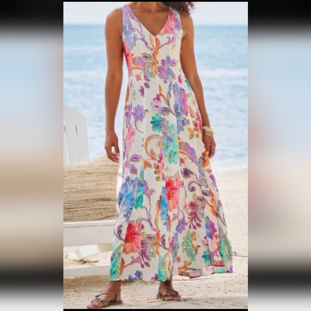 Soft Surroundings FLOURISH Maxi Dress Watercolor PAINTERLY Floral Size Small